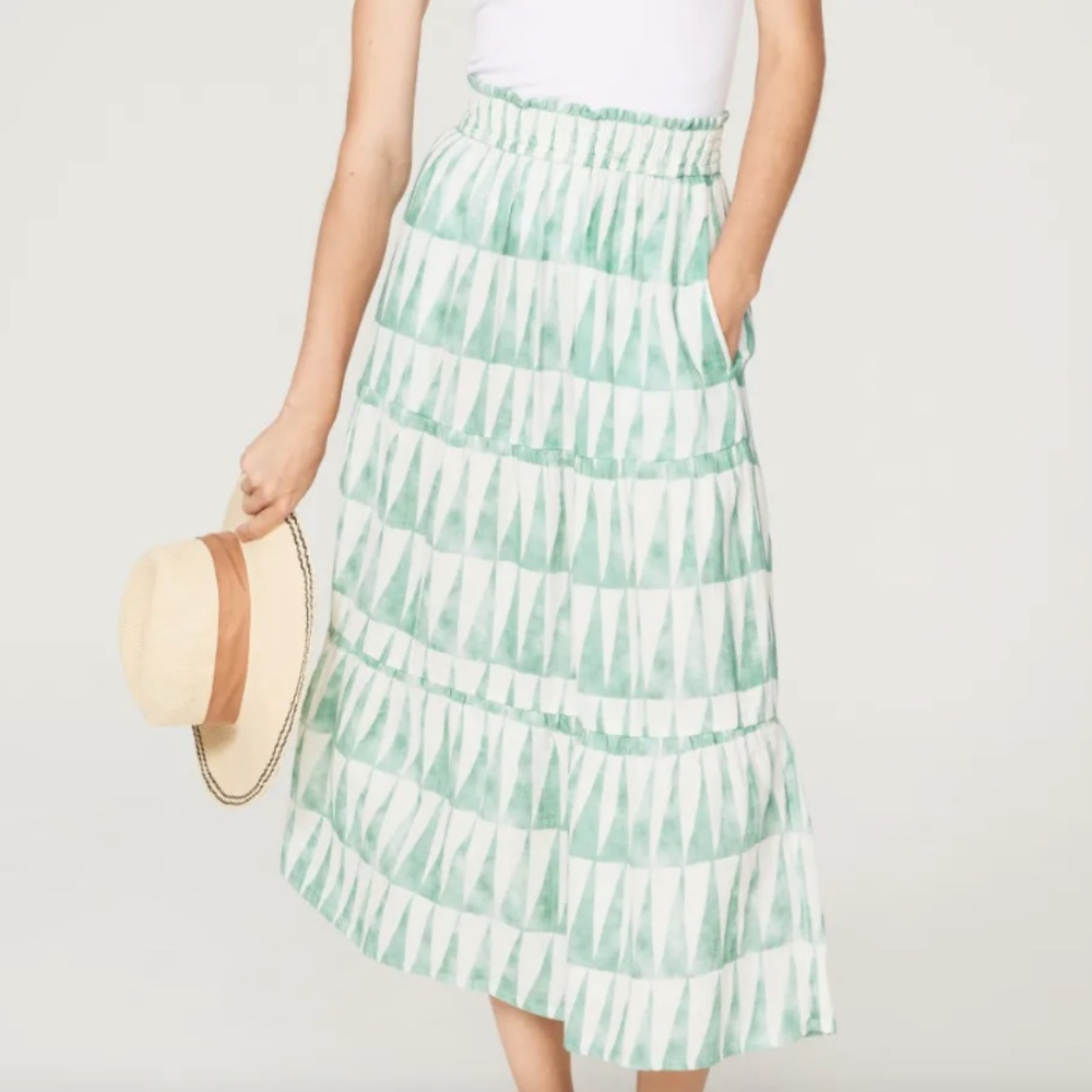 Marine Layer Corinne Double Cloth Maxi Skirt | Teal/White Geometric | Size L |